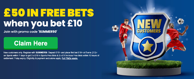 Betfred Stake £10 get £50 in free bets promotion SUMMER50 - Two football player in red shirt kicking football next to new customer shield