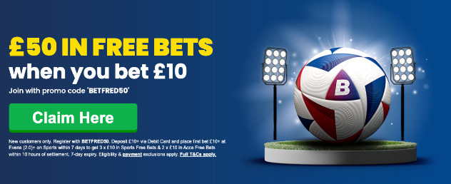 Betfred bet £10 get £50 in free bets promotion BETFRED50 - Football with Betfred logo on grass plinth with two lighting towers